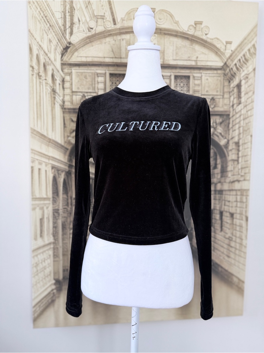 Preloved Cultured Black Velvet Long-Sleeve Top